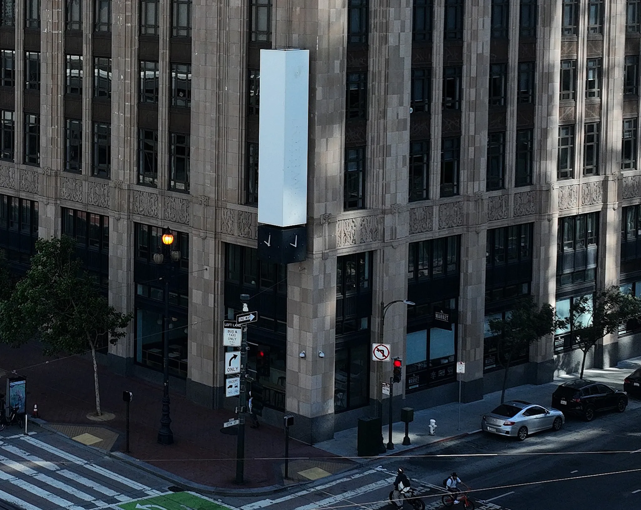 What was previously the "@twitter" sign outside of Twitter HQ. It is now just a blank rectangular block, though you can faintly make out the lettering.
